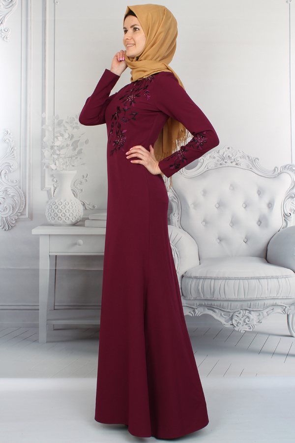 Nakış İşlemeli Abiye Mürdüm-0015