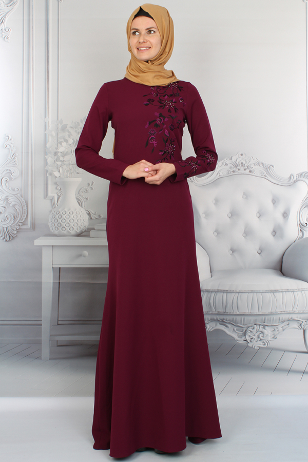 Nakış İşlemeli Abiye Mürdüm-0015