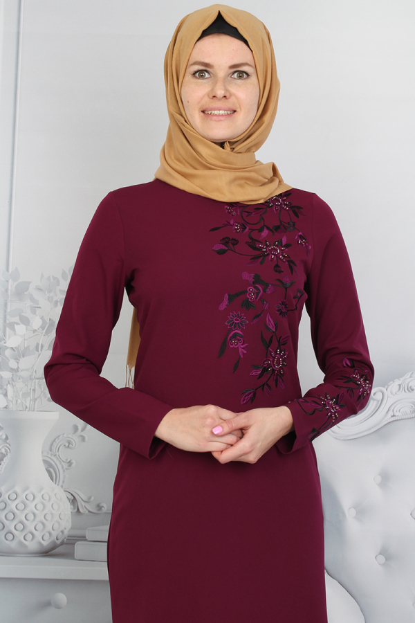Nakış İşlemeli Abiye Mürdüm-0015