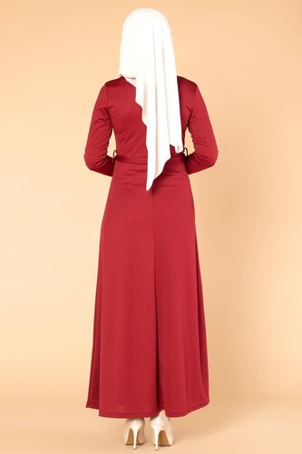 Nakışlı Fermuarlı Tesettür Elbise-1681 Bordo - Thumbnail