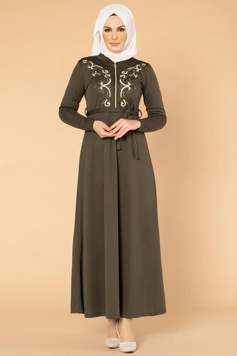 Nakışlı Fermuarlı Tesettür Elbise-1681 Hakiyeşil - Thumbnail
