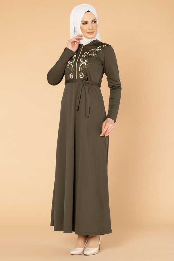 Nakışlı Fermuarlı Tesettür Elbise-1681 Hakiyeşil