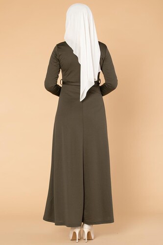 Nakışlı Fermuarlı Tesettür Elbise-1681 Hakiyeşil - Thumbnail