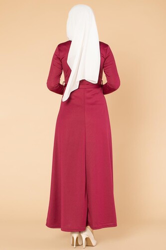 Nakışlı Fermuarlı Tesettür Elbise-1681 Şarabi - Thumbnail