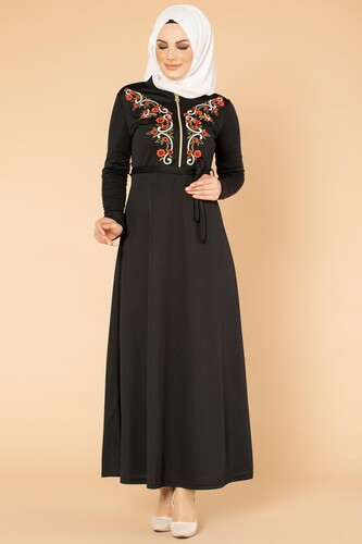 Nakışlı Fermuarlı Tesettür Elbise-1681 Siyah - Thumbnail