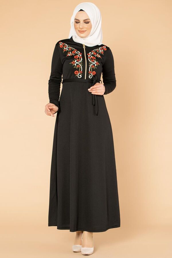 Nakışlı Fermuarlı Tesettür Elbise-1681 Siyah