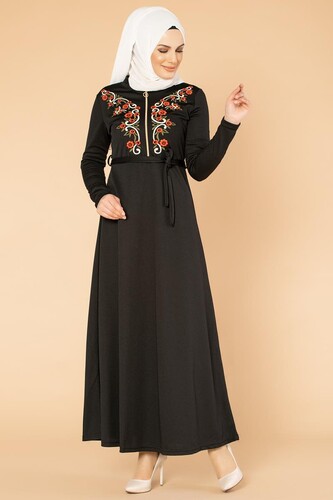 Nakışlı Fermuarlı Tesettür Elbise-1681 Siyah - Thumbnail