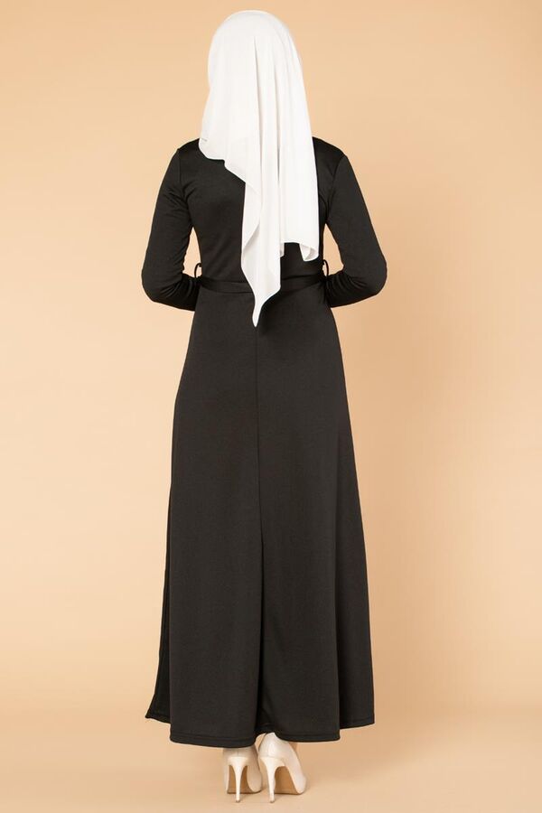 Nakışlı Fermuarlı Tesettür Elbise-1681 Siyah