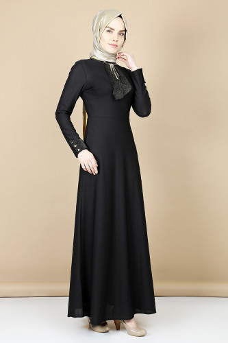 Nergiz savaroski kolye detaylı elbise -Siyah 0083 - Thumbnail