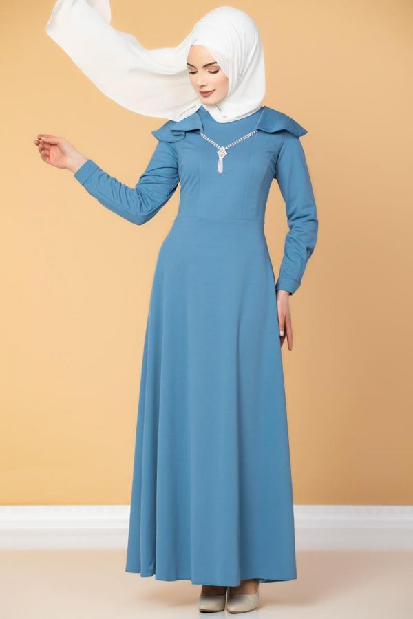 Omuz Fırfırlı Kolyeli Tesettür Elbise-2060 Bebemavisi
