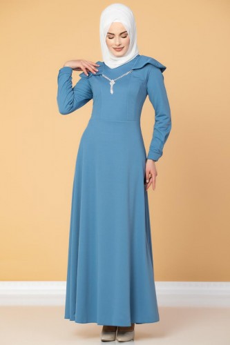 Omuz Fırfırlı Kolyeli Tesettür Elbise-2060 Bebemavisi - Thumbnail