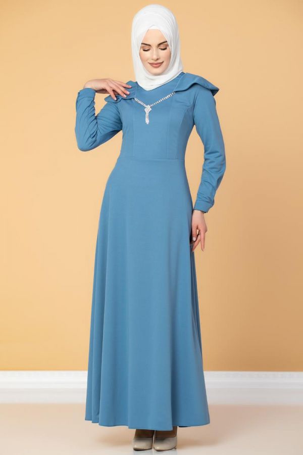 Omuz Fırfırlı Kolyeli Tesettür Elbise-2060 Bebemavisi