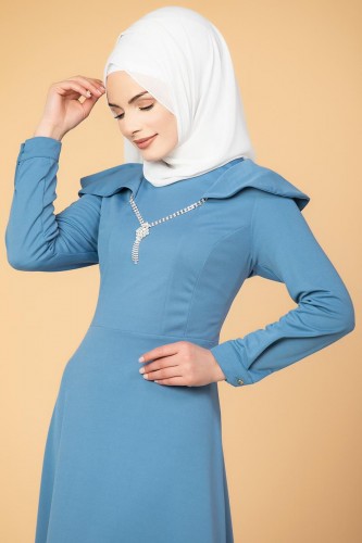 Omuz Fırfırlı Kolyeli Tesettür Elbise-2060 Bebemavisi - Thumbnail