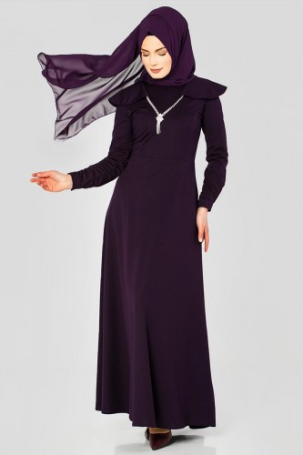 Omuz Fırfırlı Kolyeli Tesettür Elbise-2060 Mor - Thumbnail