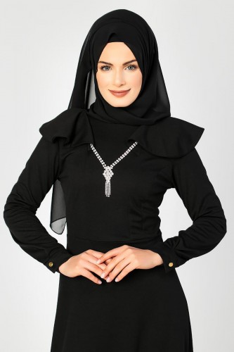Omuz Fırfırlı Kolyeli Tesettür Elbise-2060 Siyah - Thumbnail