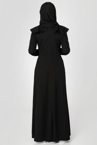 Omuz Fırfırlı Kolyeli Tesettür Elbise-2060 Siyah - Thumbnail
