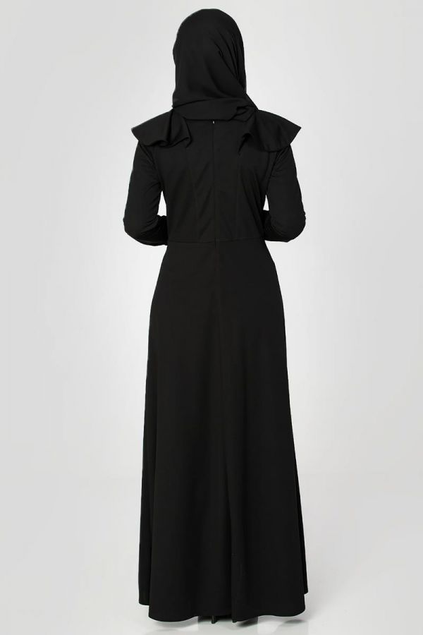 Omuz Fırfırlı Kolyeli Tesettür Elbise-2060 Siyah