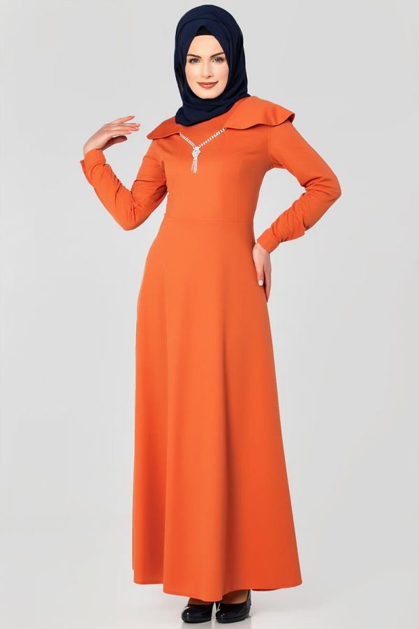 Omuz Fırfırlı Kolyeli Tesettür Elbise-2060 Turuncu