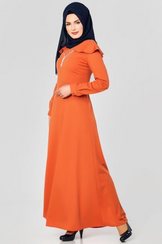 Omuz Fırfırlı Kolyeli Tesettür Elbise-2060 Turuncu - Thumbnail
