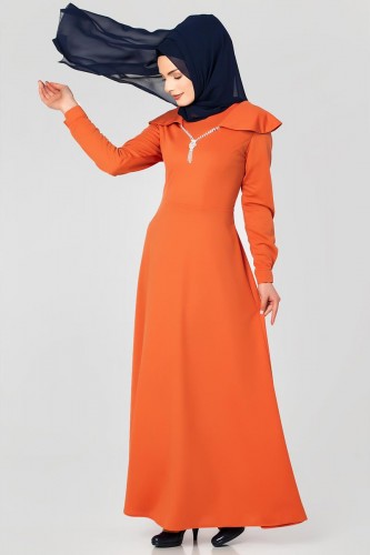 Omuz Fırfırlı Kolyeli Tesettür Elbise-2060 Turuncu - Thumbnail