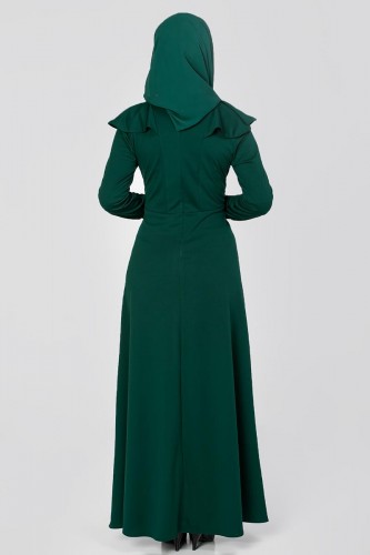 Omuz Fırfırlı Kolyeli Tesettür Elbise-2060 Zümrüt - Thumbnail