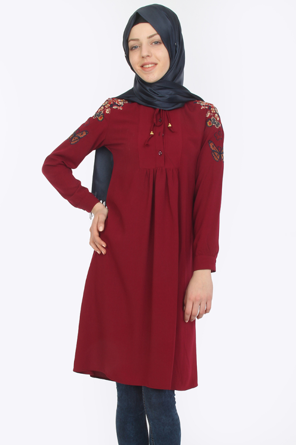 Omuz Nakış İşlemeli Tunik Bordo-ZRD1179