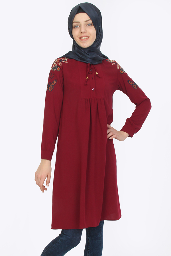 Omuz Nakış İşlemeli Tunik Bordo-ZRD1179