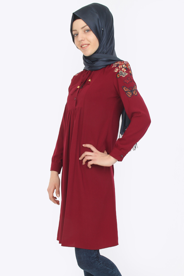 Omuz Nakış İşlemeli Tunik Bordo-ZRD1179