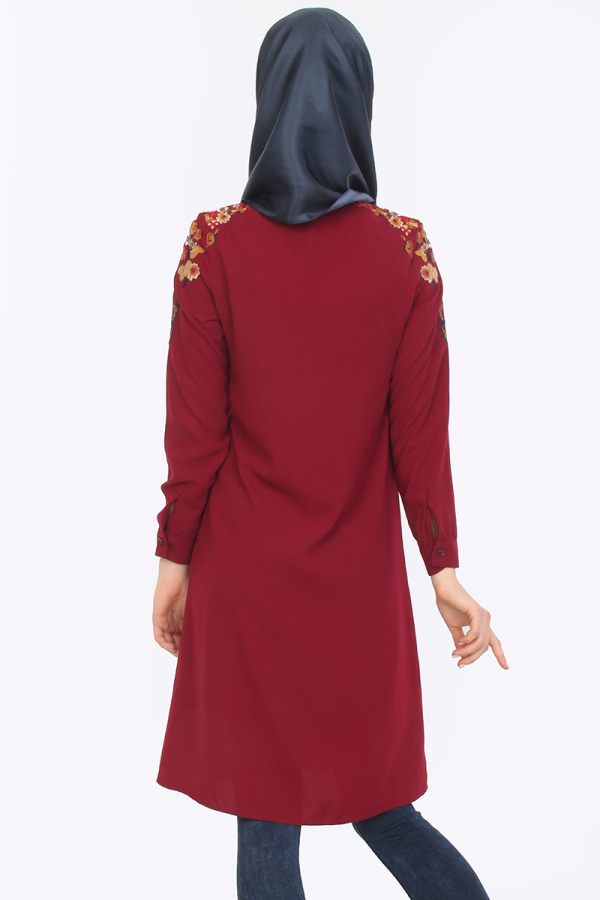 Omuz Nakış İşlemeli Tunik Bordo-ZRD1179