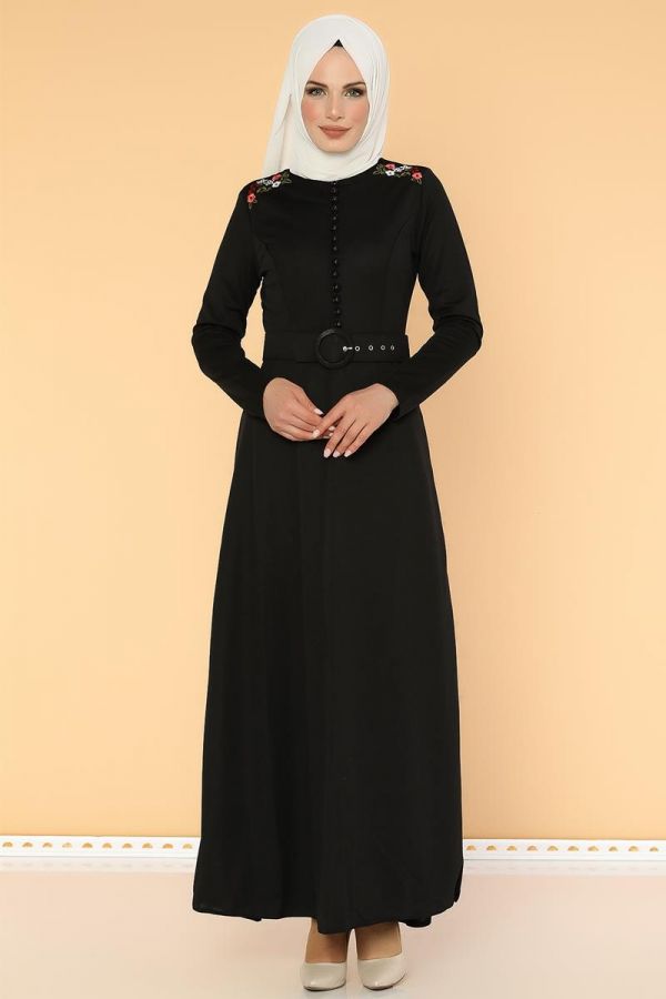 Omuz Nakışlı Kemerli Elbise-0649 Siyah