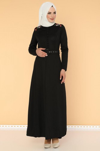Omuz Nakışlı Kemerli Elbise-0649 Siyah - Thumbnail