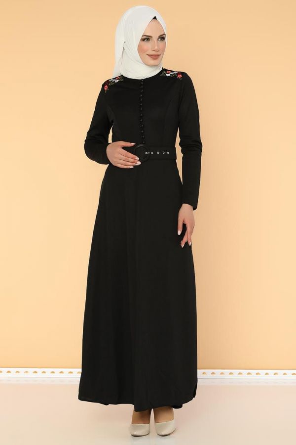 Omuz Nakışlı Kemerli Elbise-0649 Siyah