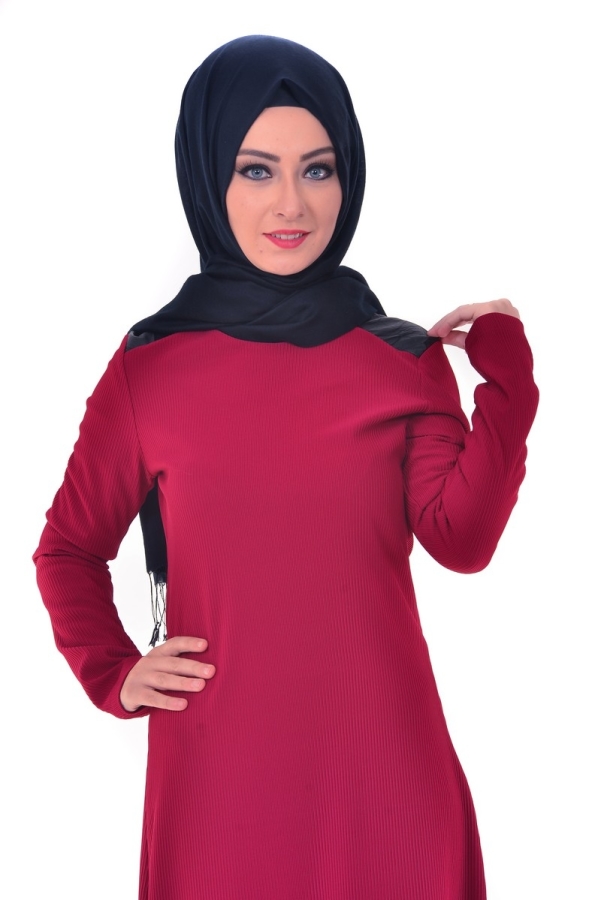 Omuz Ve Sırt Deri Detaylı Elbise Bordo-4064