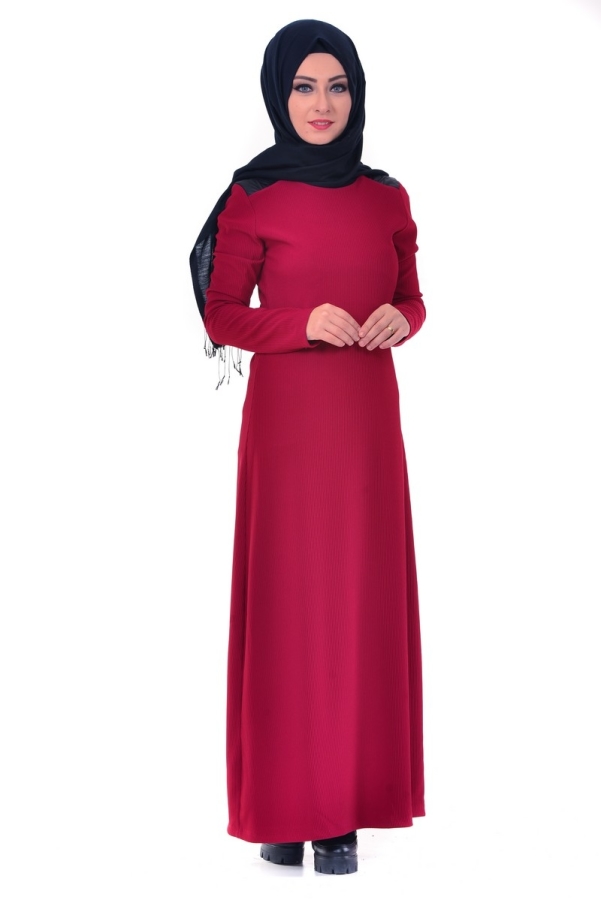 Omuz Ve Sırt Deri Detaylı Elbise Bordo-4064