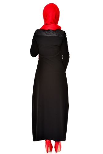 Omuz Ve Sırt Deri Detaylı Elbise Siyah-4064 - Thumbnail