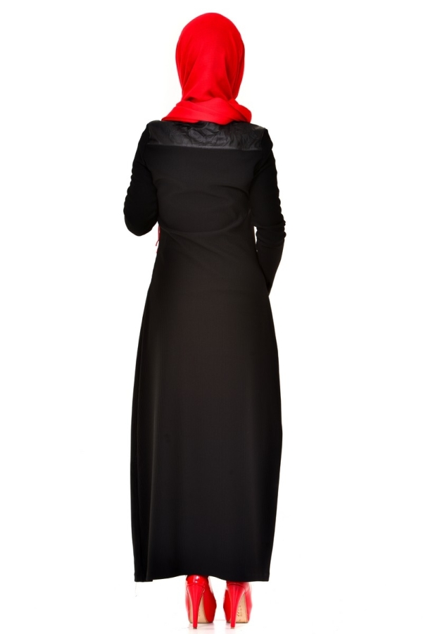 Omuz Ve Sırt Deri Detaylı Elbise Siyah-4064