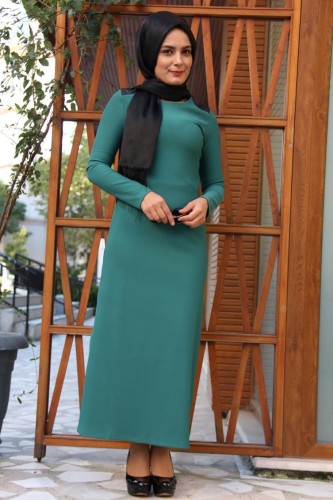 Omuz Ve Sırt Deri Detaylı Elbise Yeşil-4064 - Thumbnail