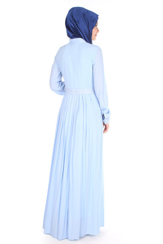 Omuzda Baskı Düğme Detaylı Elbise-1755Mavi - Thumbnail