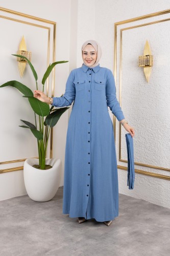Modaebva - Ön Düğmeli Gizli Cep Detaylı Elbise-5029 Bebe mavisi (1)