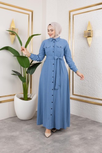 Modaebva - Ön Düğmeli Gizli Cep Detaylı Elbise-5029 Bebe mavisi