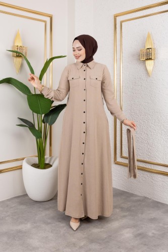 Modaebva - Ön Düğmeli Gizli Cep Detaylı Elbise-5029 Bej (1)