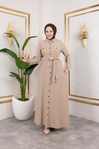Modaebva - Ön Düğmeli Gizli Cep Detaylı Elbise-5029 Bej