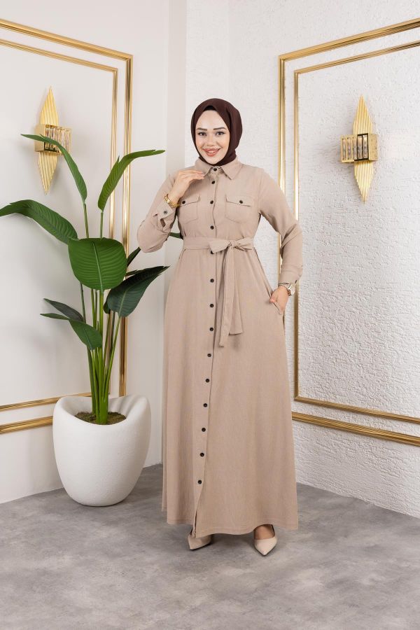 Ön Düğmeli Gizli Cep Detaylı Elbise-5029 Bej