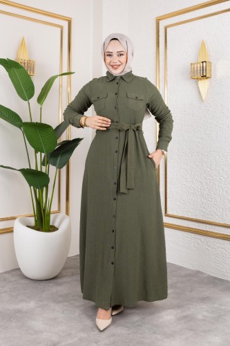 Modaebva - Ön Düğmeli Gizli Cep Detaylı Elbise-5029 Haki yeşili