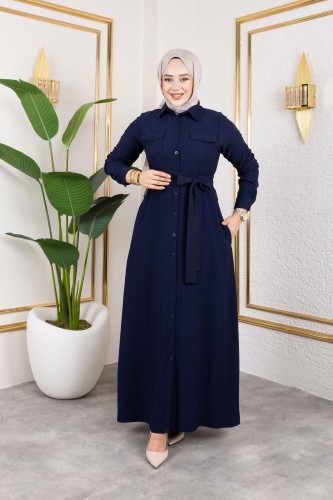 Modaebva - Ön Düğmeli Gizli Cep Detaylı Elbise-5029 Lacivert