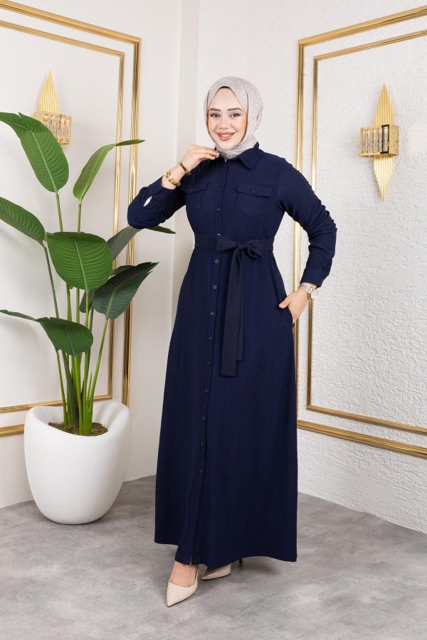 Ön Düğmeli Gizli Cep Detaylı Elbise-5029 Lacivert