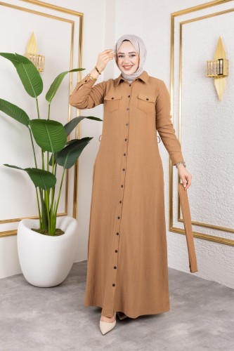 Modaebva - Ön Düğmeli Gizli Cep Detaylı Elbise-5029 Latte (1)
