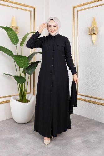 Modaebva - Ön Düğmeli Gizli Cep Detaylı Elbise-5029 Siyah (1)