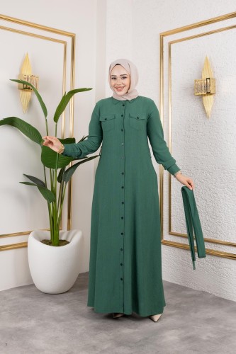 Modaebva - Ön Düğmeli Gizli Cep Detaylı Elbise-5029 Yeşil (1)