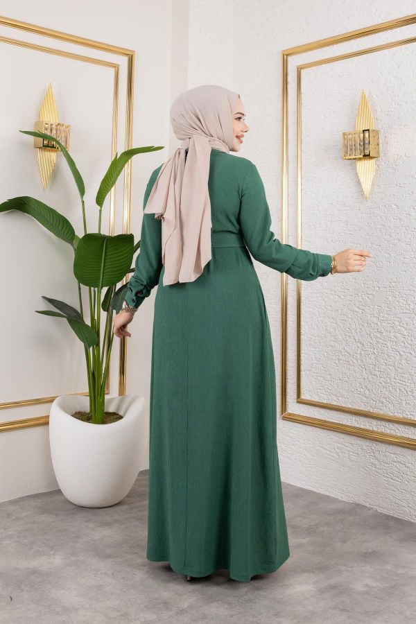 Ön Düğmeli Gizli Cep Detaylı Elbise-5029 Yeşil